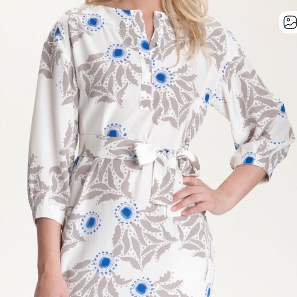 Diane von Furstenberg Cream Shirt Dress with Blue and Taupe Print